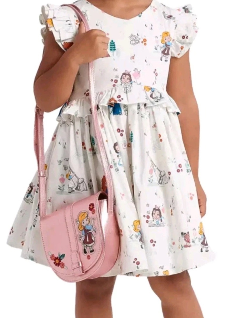 Disney White Girls Princess Print Ruffle Dress with Multicolor Accents